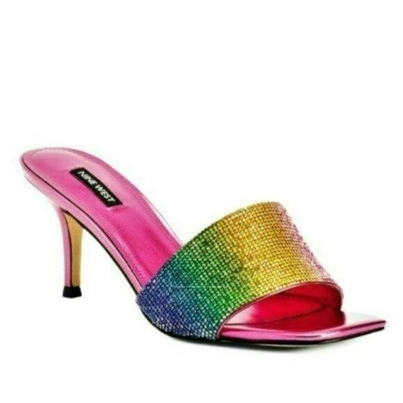 NWT Nine West Rhinestone Rainbow Embellished Slip-On Heels - Picture 2 of 8